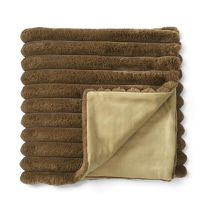 Olive green faux fur throw blanket with wide plush ribbing and a smooth coordinating reverse
