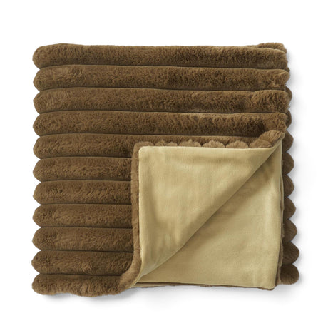 Olive green faux fur throw blanket with wide plush ribbing and a smooth coordinating reverse