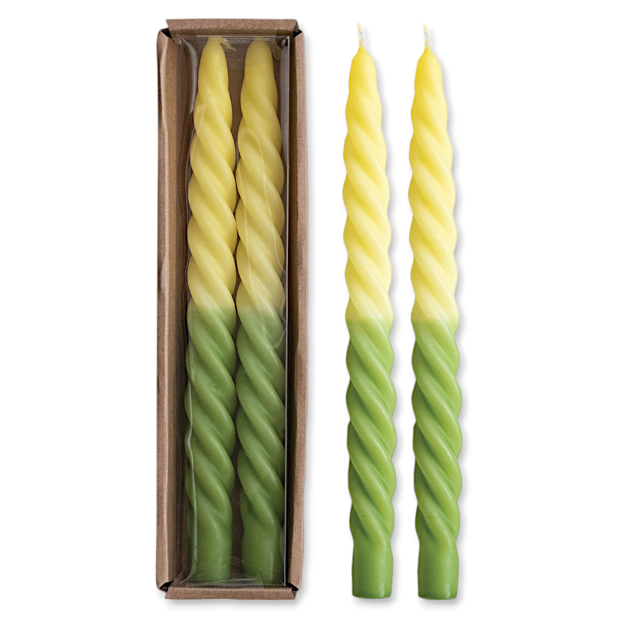 Set of two 10-inch yellow and green ombre twisted taper candles in a box.