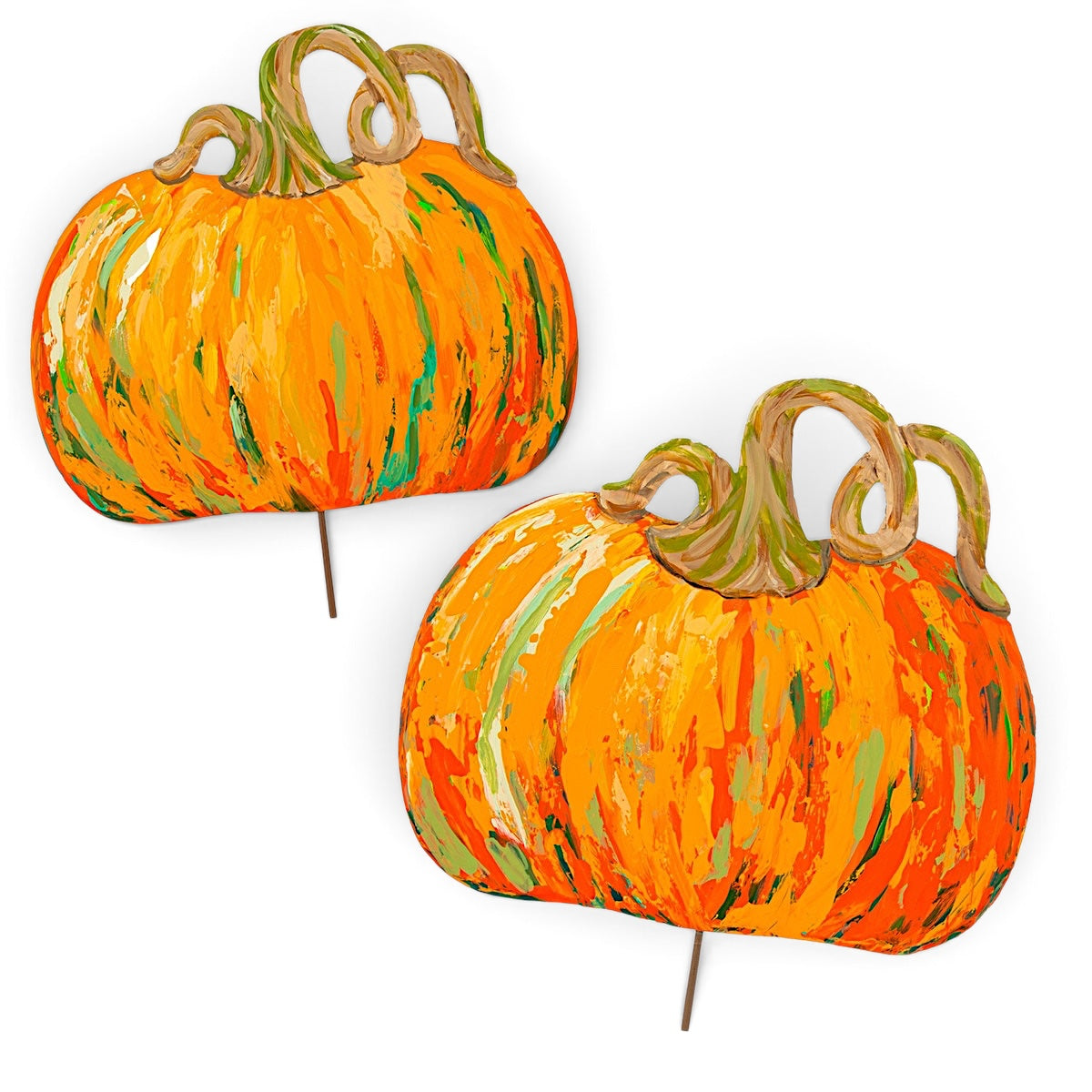 Orange artful metal pumpkins with colorful painted brushstrokes in small and large sizes