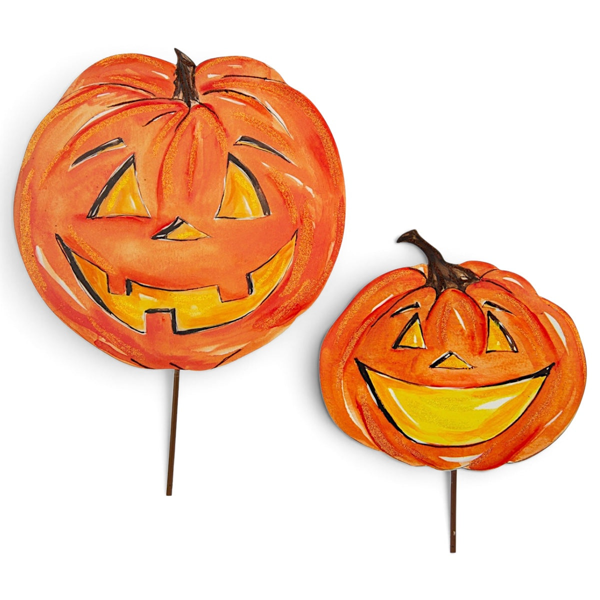 Orange metal jack-o-lantern Halloween decorations by The Round Top Collection in two sizes with stake, hang, and easel display options