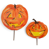 Orange metal jack-o-lantern Halloween decorations by The Round Top Collection in two sizes with stake, hang, and easel display options