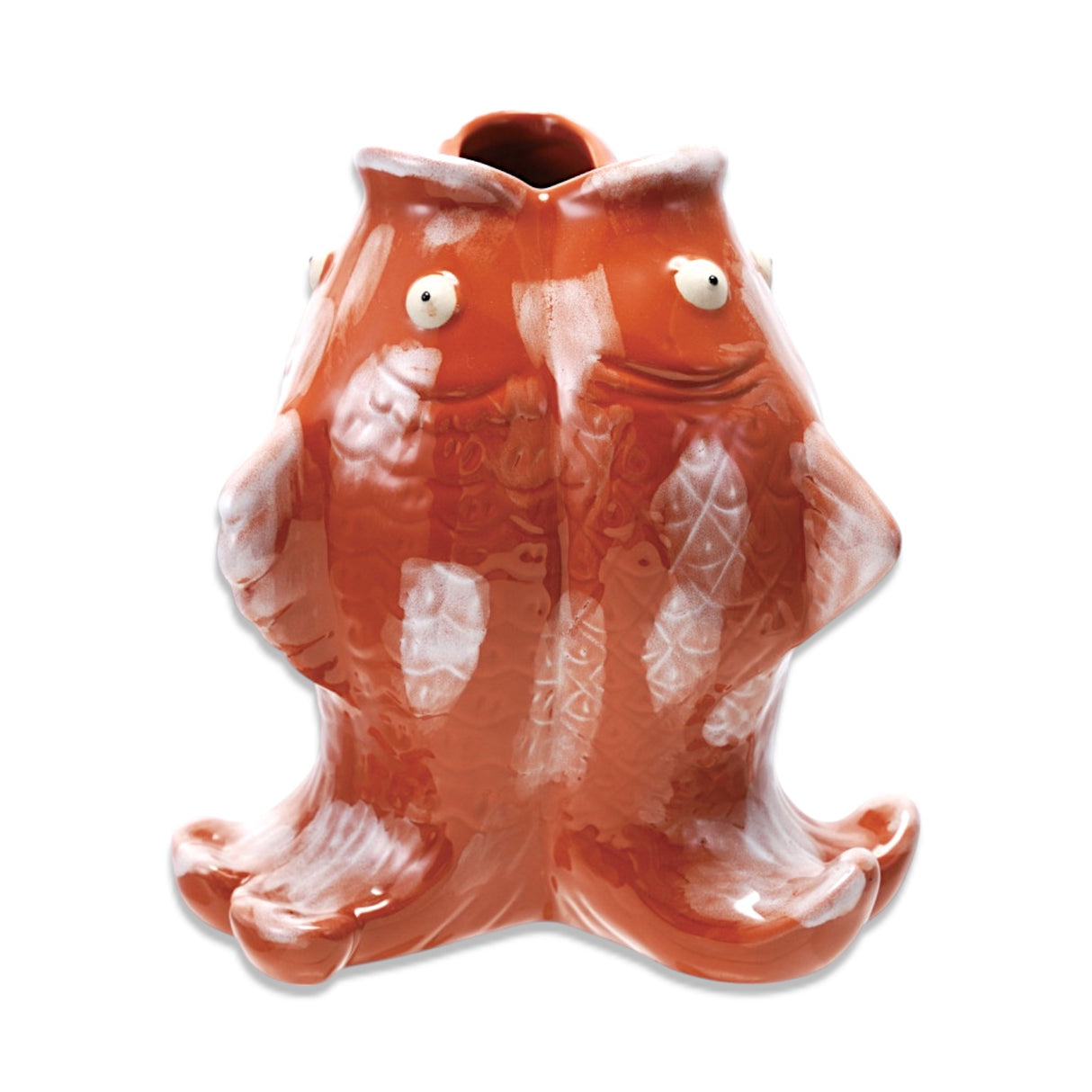 Stoneware koi fish shaped vase with orange and white reactive glaze