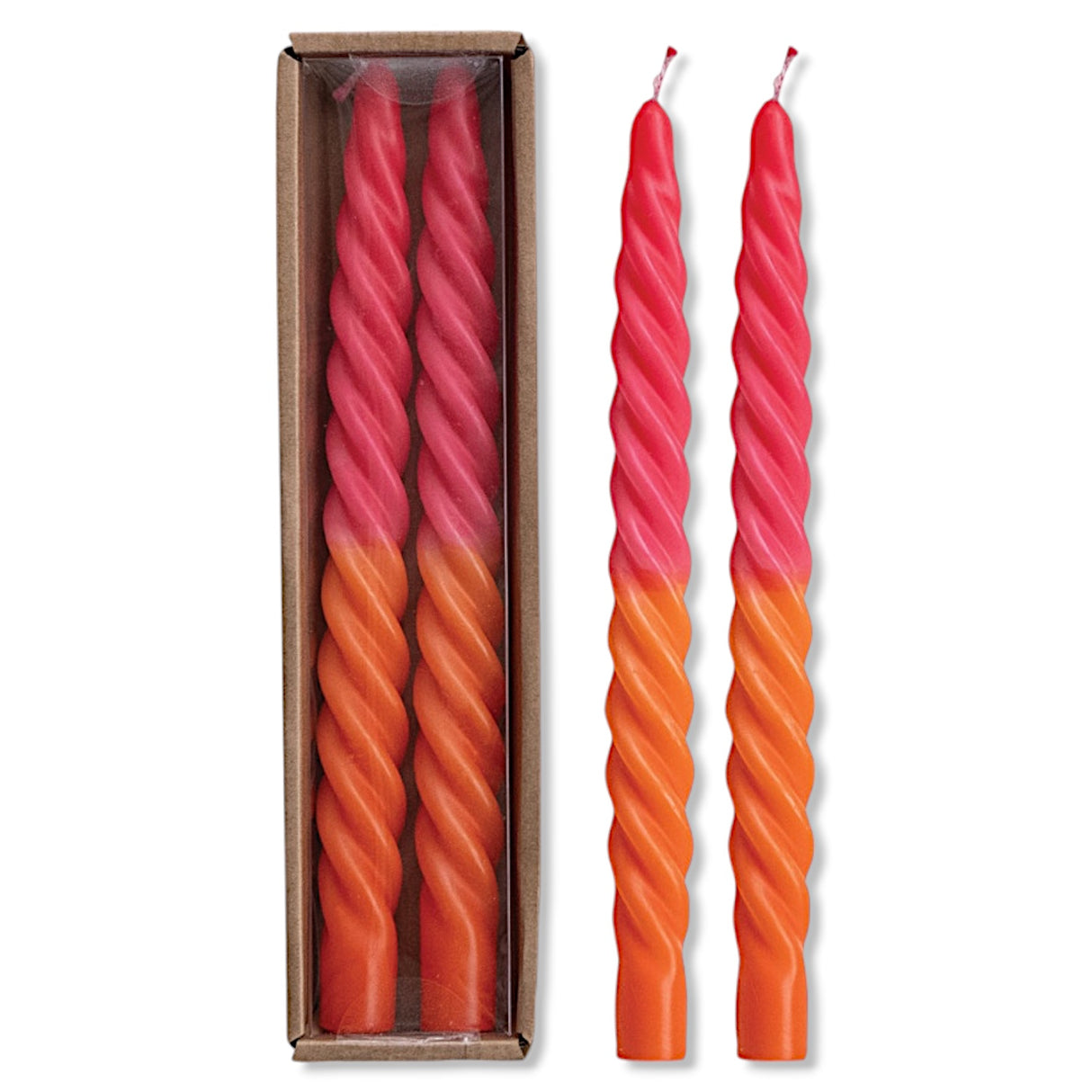 Set of two fuchsia and orange ombre twisted taper candles, 10 inches tall.