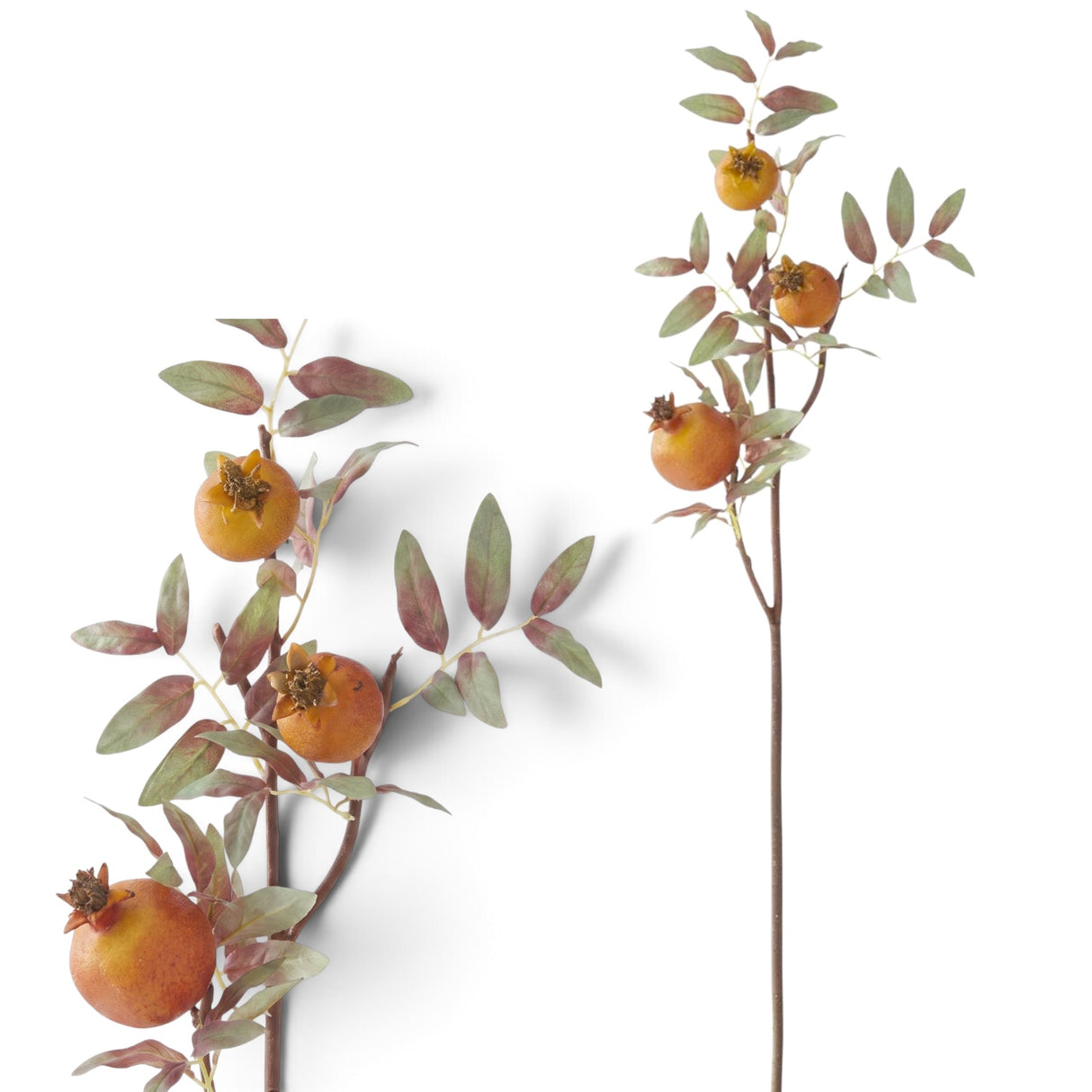 Orange pomegranate artificial stem with green and burgundy leaves for fall floral arrangements.
