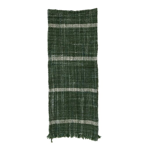 Green Woven Wool Blend Slub Table Runner with Stripes & Fringe