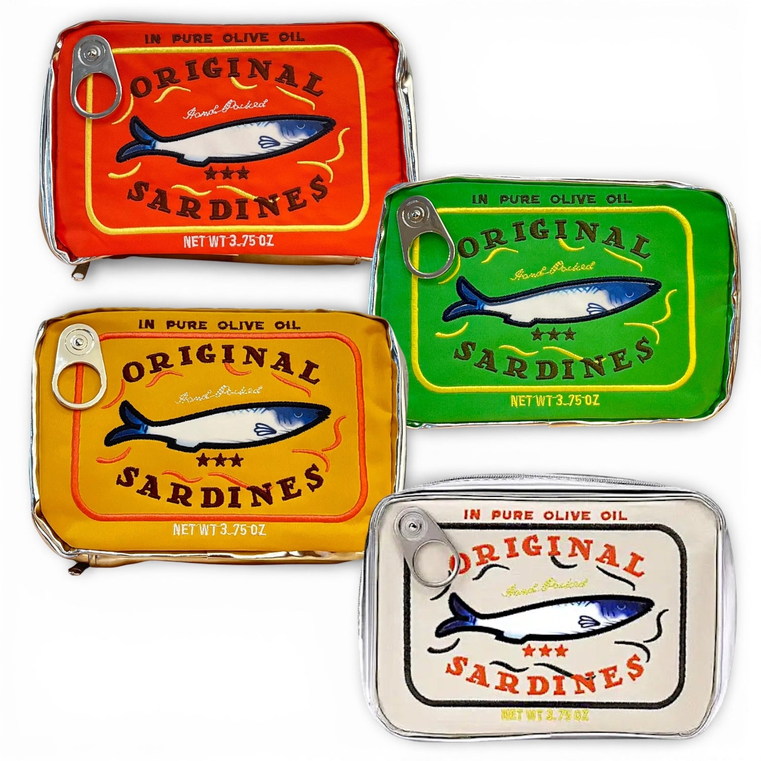 Original sardines zip pouch with embroidered vintage sardine tin design in assorted colors, zip closure, and compact size for accessories