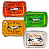 Original sardines zip pouch with embroidered vintage sardine tin design in assorted colors, zip closure, and compact size for accessories