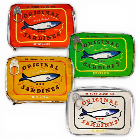 Original sardines zip pouch with embroidered vintage sardine tin design in assorted colors, zip closure, and compact size for accessories