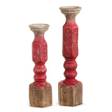 Distressed Red Wood Embossed Candle Holders