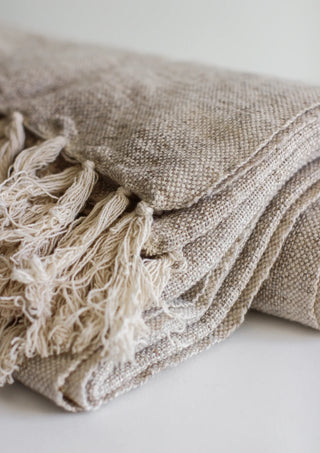 Woven Melange Wool and Cotton Slub Throw Blanket with Fringe
