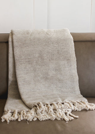 Woven Melange Wool and Cotton Slub Throw Blanket with Fringe