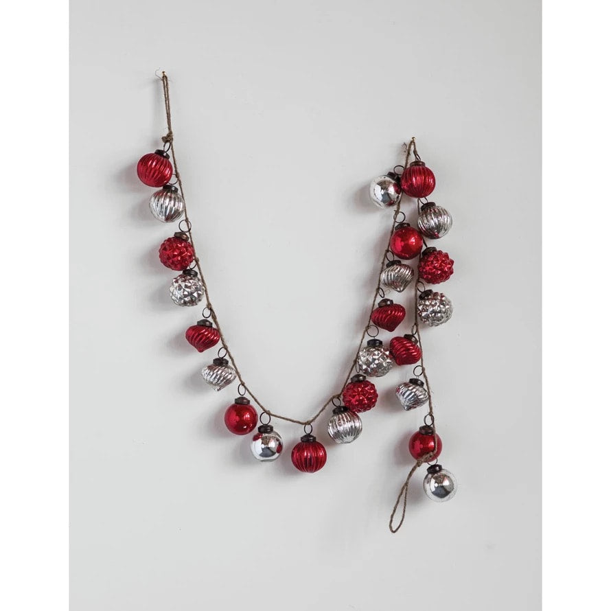 Red & Silver Embossed Mercury Glass Ornament Garland