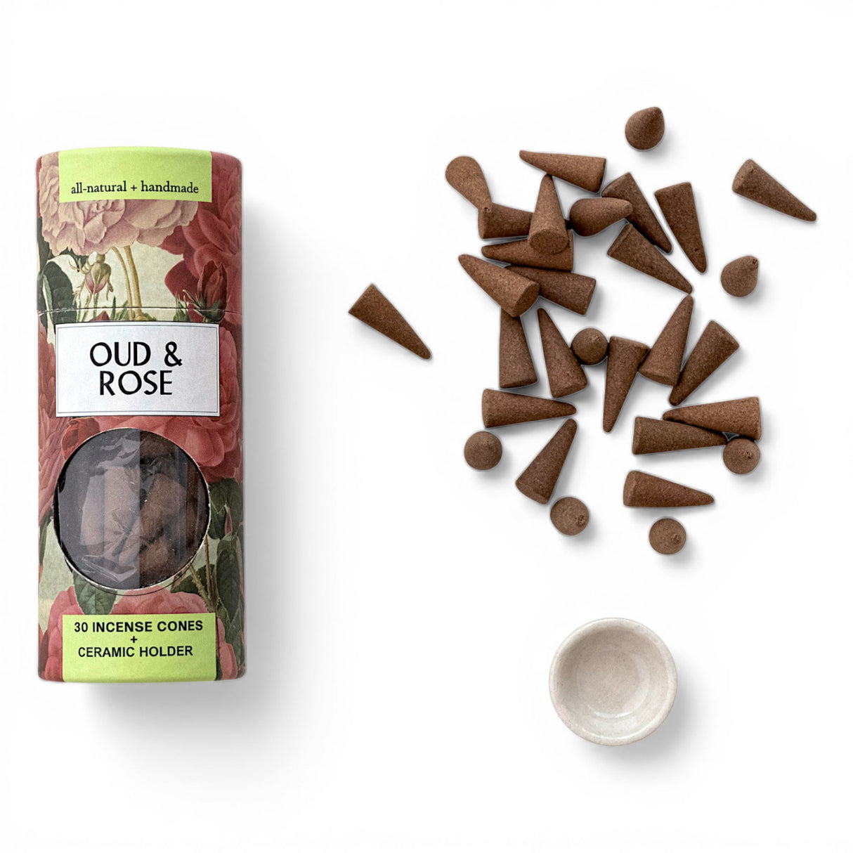 oud and rose incense cones with ceramic holder all natural handmade set
