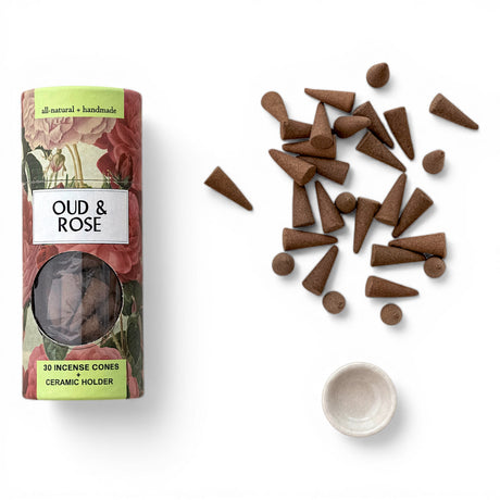 oud and rose incense cones with ceramic holder all natural handmade set
