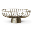 Oval gold metal wire bowl with curved open sides and an embossed pedestal base