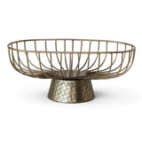 Oval gold metal wire bowl with curved open sides and an embossed pedestal base