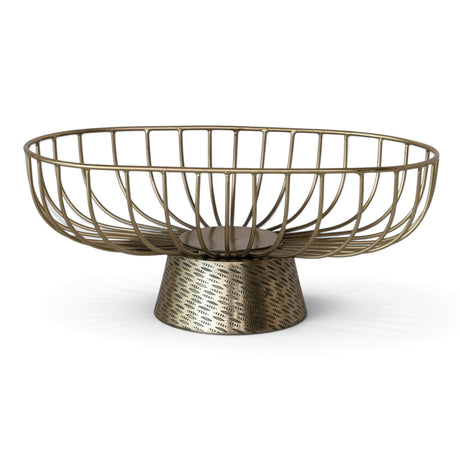 Oval gold metal wire bowl with curved open sides and an embossed pedestal base