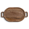 Natural oval mango wood tray with integrated handles, a shallow raised rim, and visible wood grain.