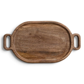 Natural oval mango wood tray with integrated handles, a shallow raised rim, and visible wood grain.