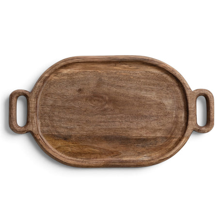 Natural oval mango wood tray with integrated handles, a shallow raised rim, and visible wood grain.