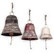 Oversized aged metal Christmas bells with rope hangers in three graduated sizes.