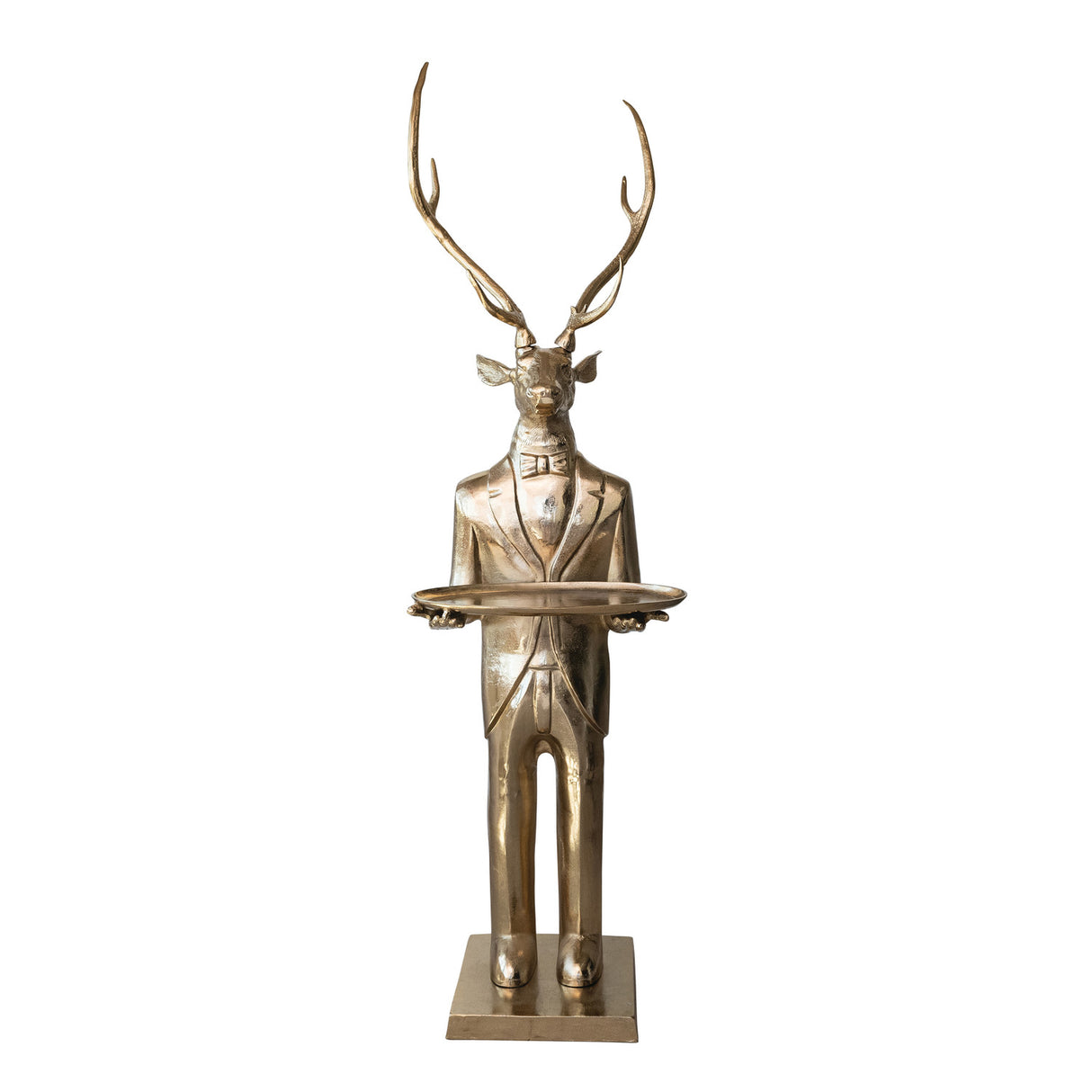 Oversized cast aluminum deer butler figure with gold finish holding tray