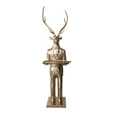 Oversized cast aluminum deer butler figure with gold finish holding tray