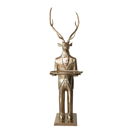 Oversized cast aluminum deer butler figure with gold finish holding tray