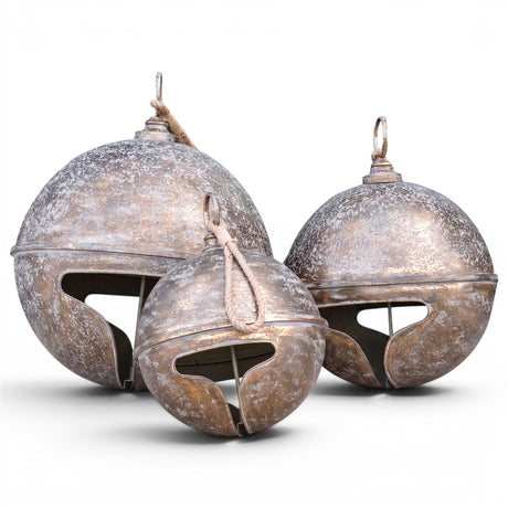 Oversized distressed gold metal Christmas bell décor in three sizes