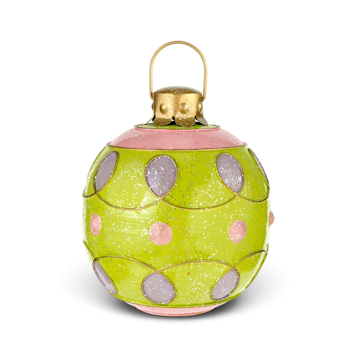 Oversized green metal ball ornament with pink polka dots, purple loop patterns, glitter accents, and a gold-tone hanging loop