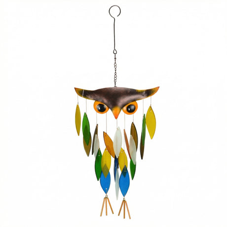 owl glass wind chime colorful outdoor hanging metal and glass chime