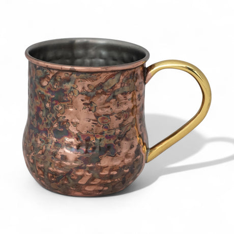 Hammered stainless steel mule mug with brass handle and oxidized copper finish