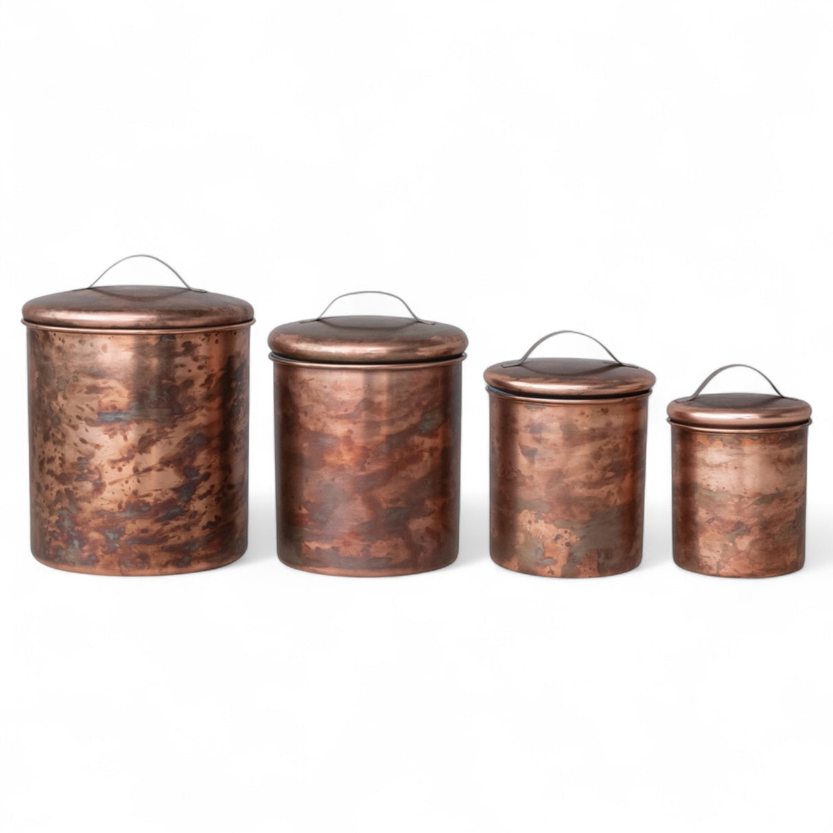 Set of oxidized copper stainless steel canisters with lids in four sizes