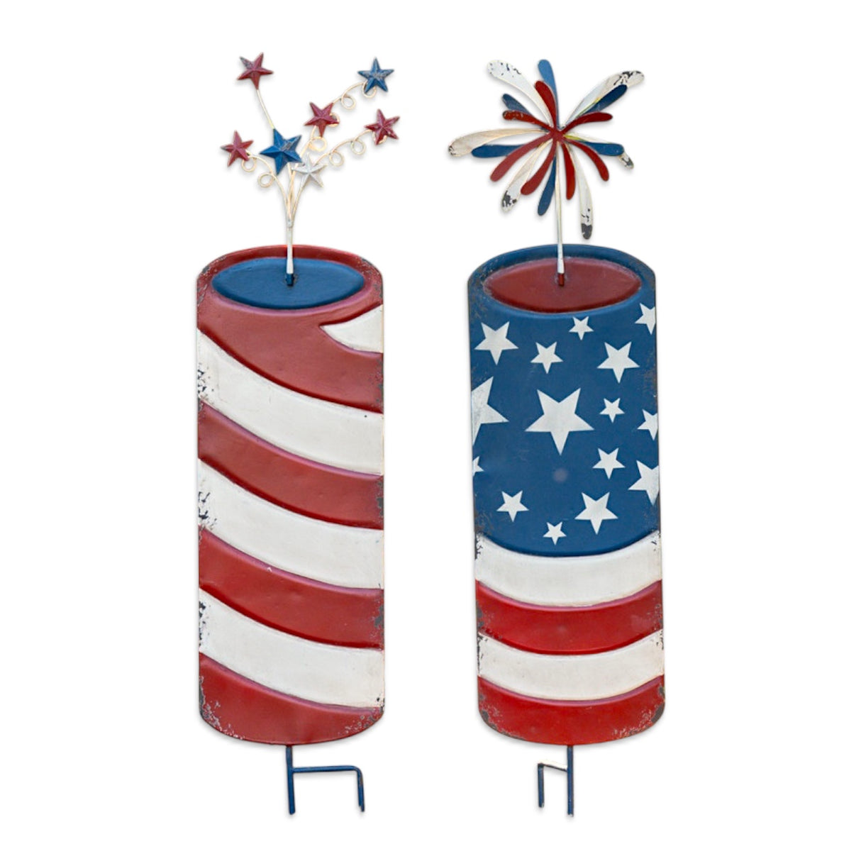 patriotic firework garden stakes red white blue metal yard decor striped and star styles