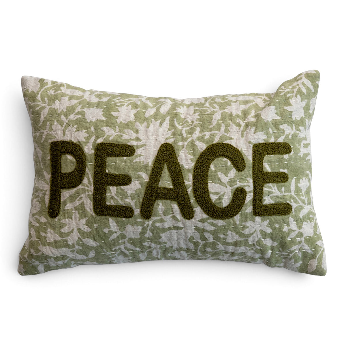 Green and natural floral lumbar pillow with raised olive-green PEACE lettering and hand-embroidered Kantha stitching
