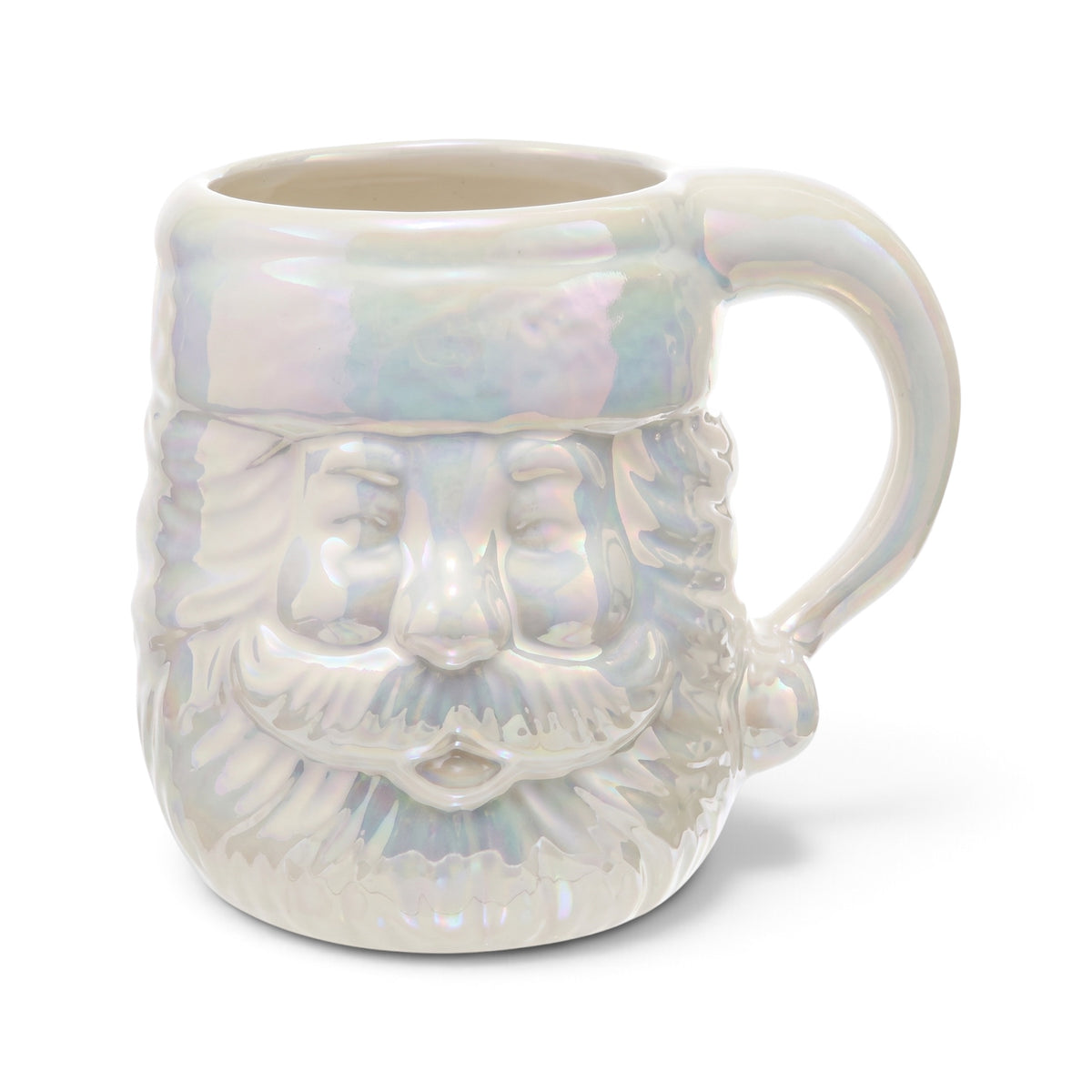 White ceramic Santa head-shaped mug with a pearlized finish and 12-ounce capacity.