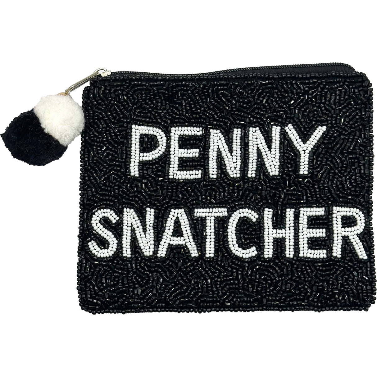 Penny Snatcher Black Beaded Coin Pouch with Pom-Pom Zipper