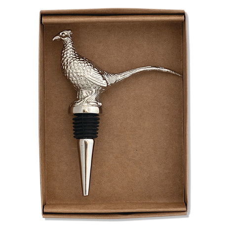 Nickel-finished cast aluminum pheasant bottle stopper in kraft gift box