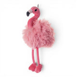 Pink flamingo plush bag charm with fluffy feathers and clip attachment for backpacks, purses, and tote bags