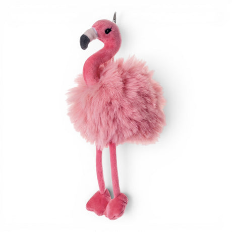 Pink flamingo plush bag charm with fluffy feathers and clip attachment for backpacks, purses, and tote bags