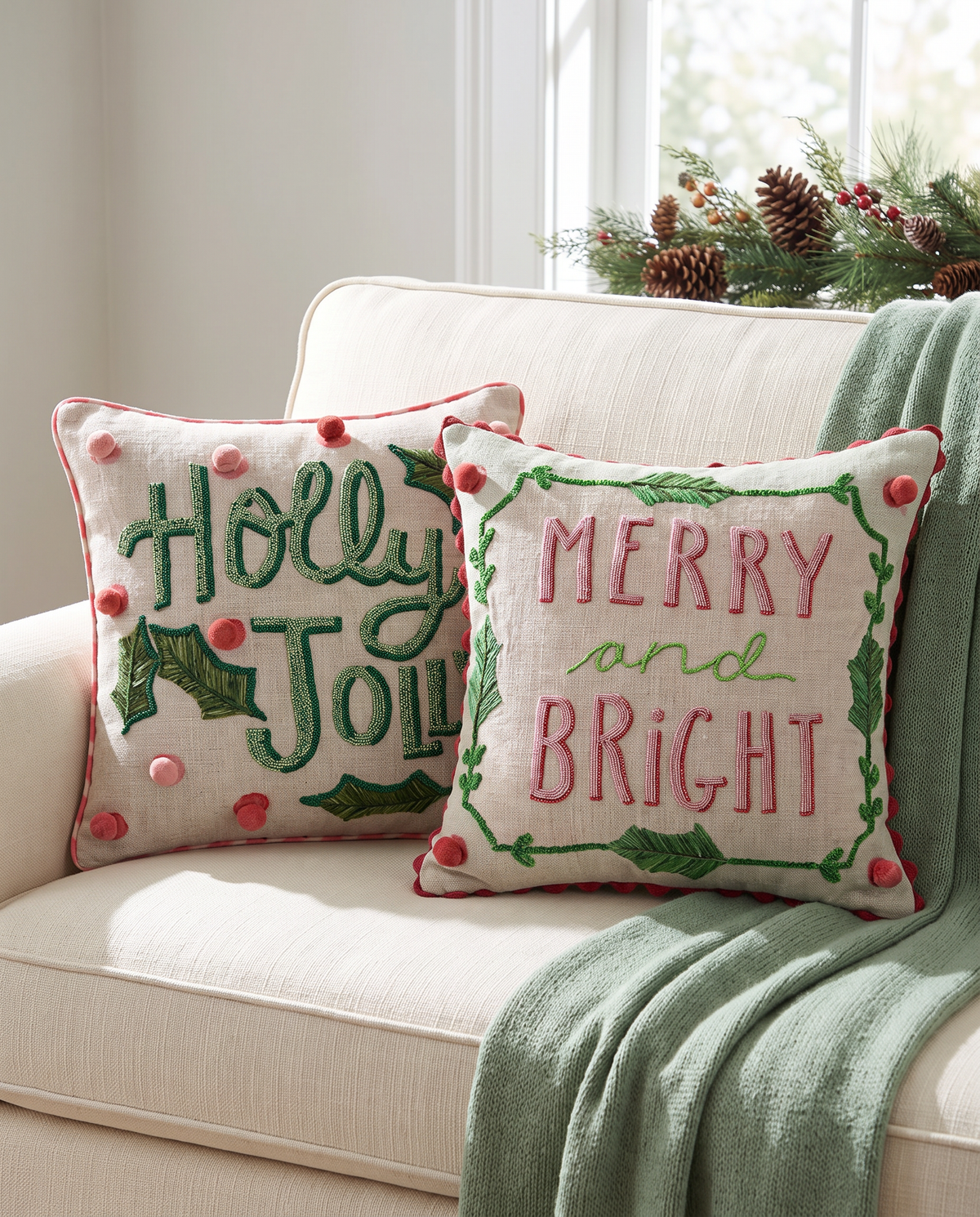 Beaded Christmas Saying Linen Throw Pillow