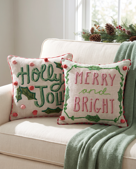 Beaded Christmas Saying Linen Throw Pillow