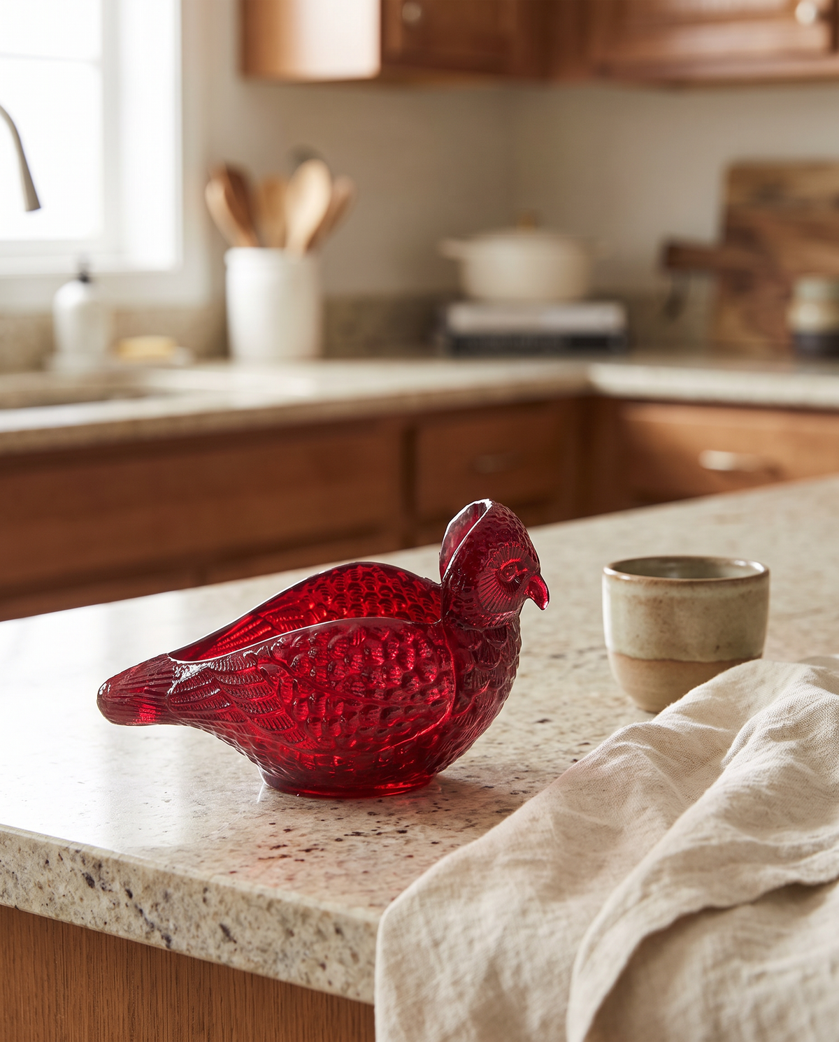 Burgundy Glass Quail Container & Spoon Rest