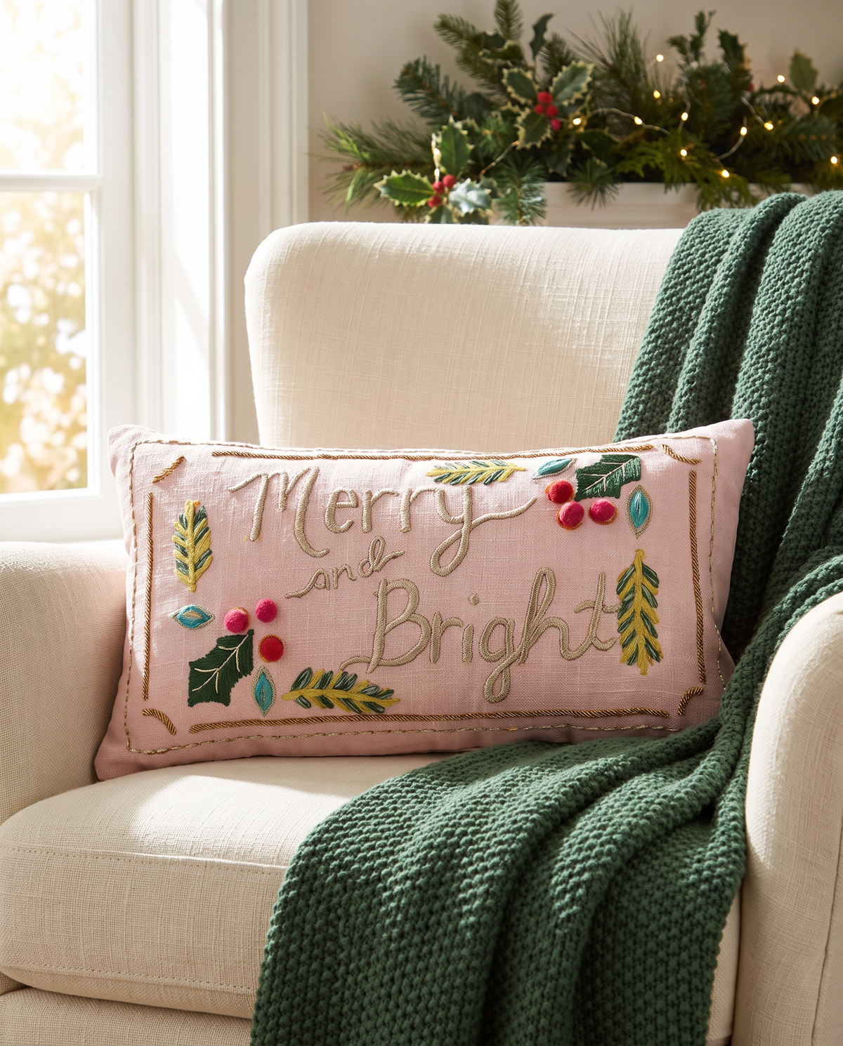 Merry and Bright Embroidered Lumbar Pillow