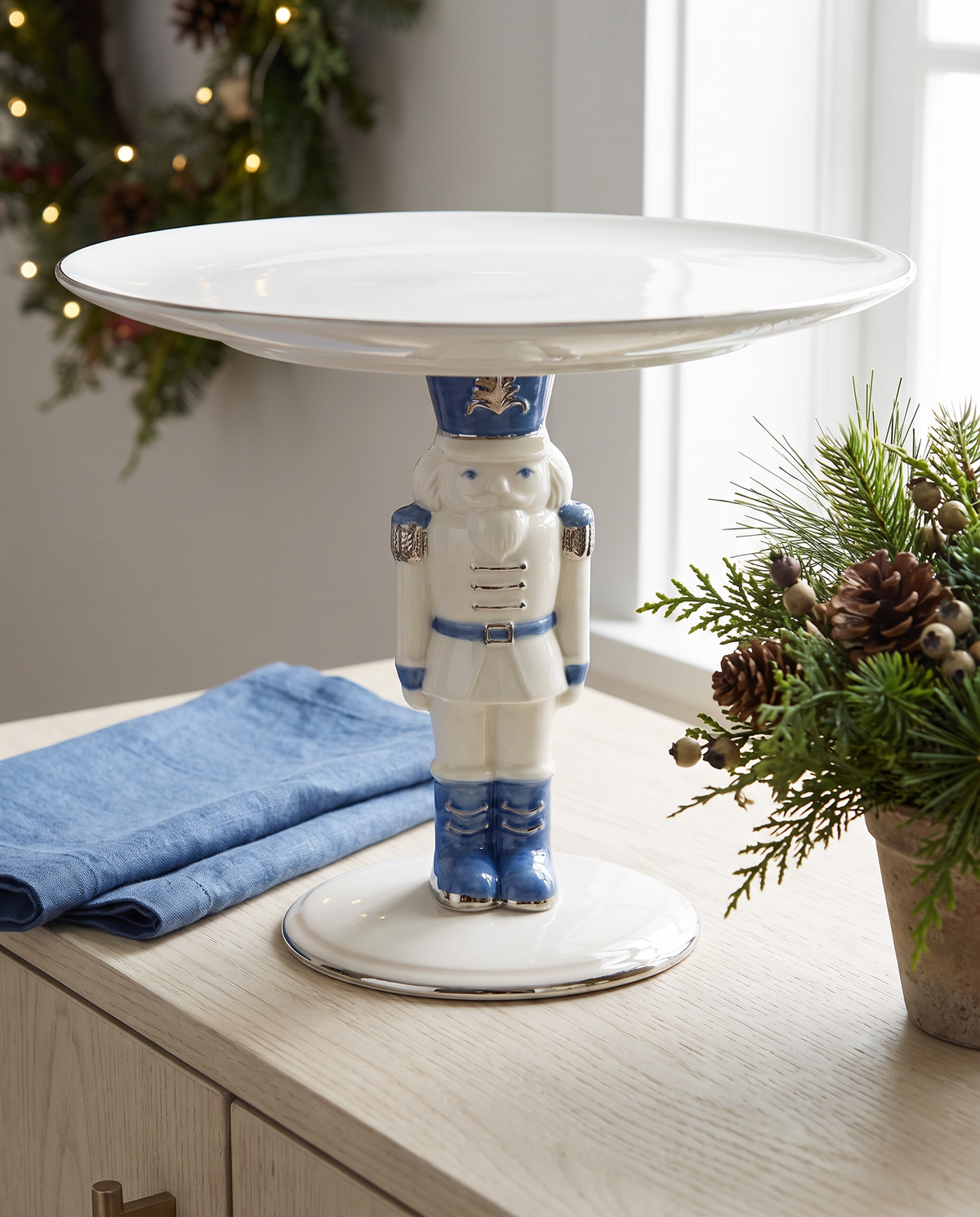 Blue & White Nutcracker Ceramic Pedestal