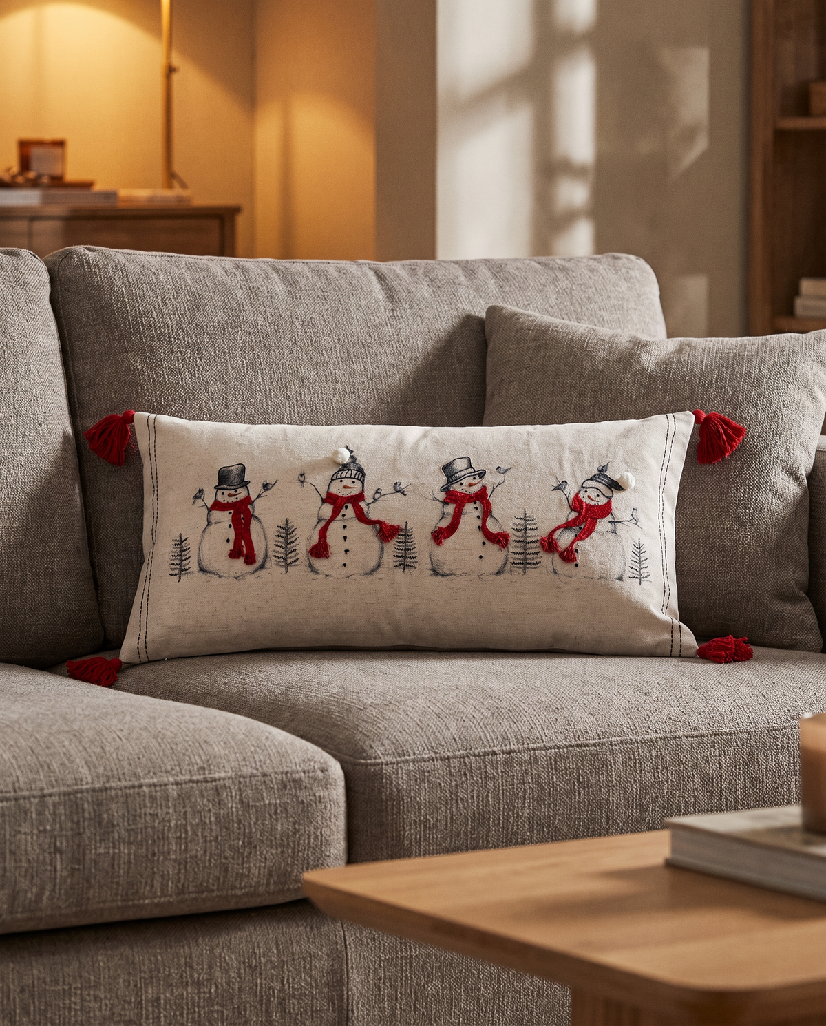 Snowmen & Birds Embroidered Lumbar Pillow