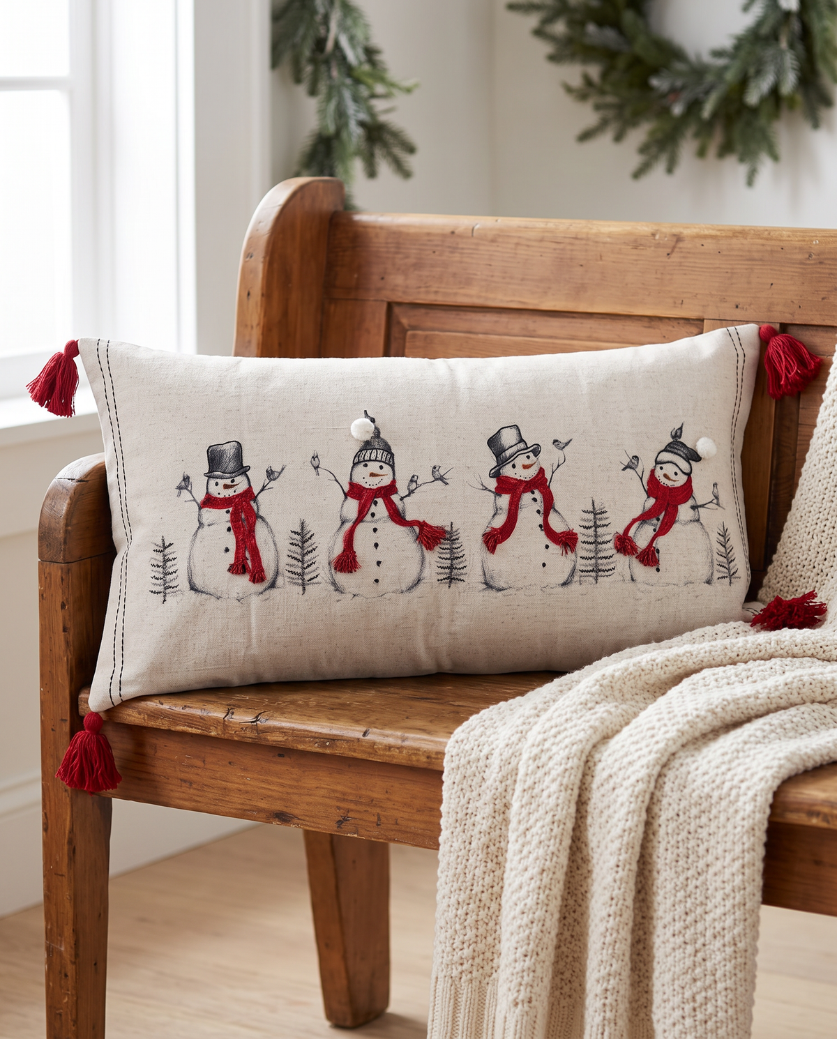 Snowmen & Birds Embroidered Lumbar Pillow