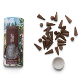 Pine and Berries handmade incense cones with a round white ceramic holder and illustrated storage tube