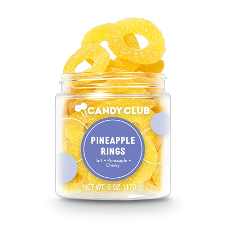 Clear cup filled with yellow pineapple ring gummies, labeled Pineapple Rings with tart and chewy flavor description